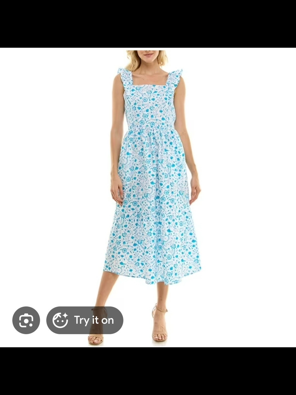 Draper James Sky Blue Floral Ruffled-Shoulder Midi Dress. Size Small
